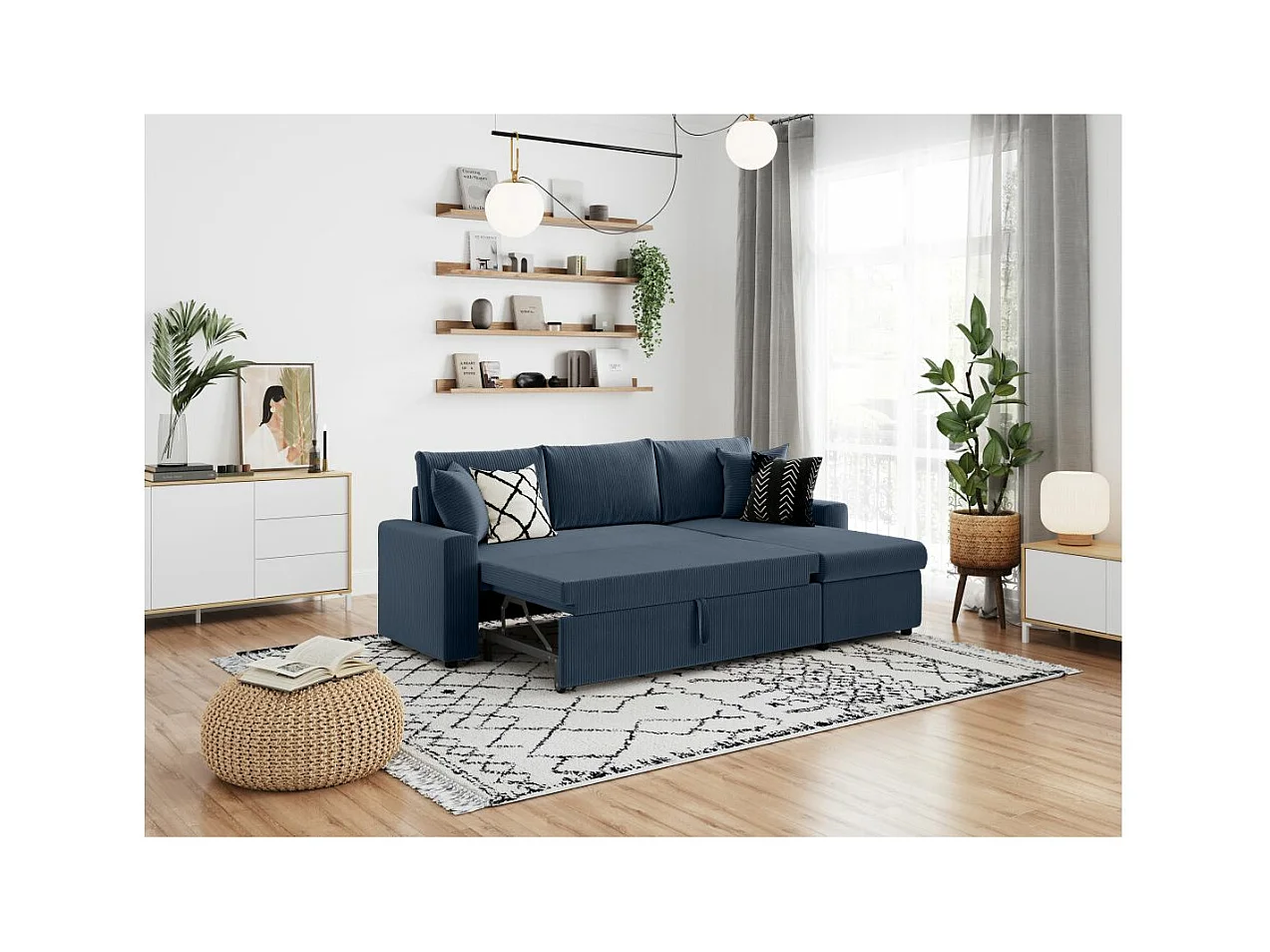 Canapé d'angle 3 places Maria réversible, convertible avec coffre en velours côtelé - Bleu foncé - L227 x P146 x H81cm - Loungitude