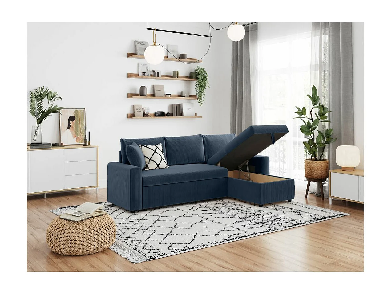 Canapé d'angle 3 places Maria réversible, convertible avec coffre en velours côtelé - Bleu foncé - L227 x P146 x H81cm - Loungitude