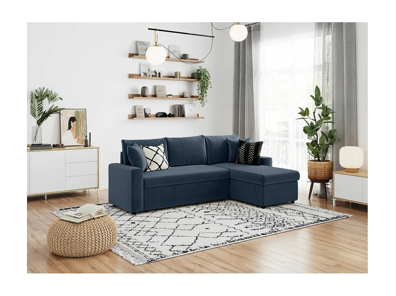 Canapé d'angle 3 places Maria réversible, convertible avec coffre en velours côtelé - Bleu foncé - L227 x P146 x H81cm - Loungitude