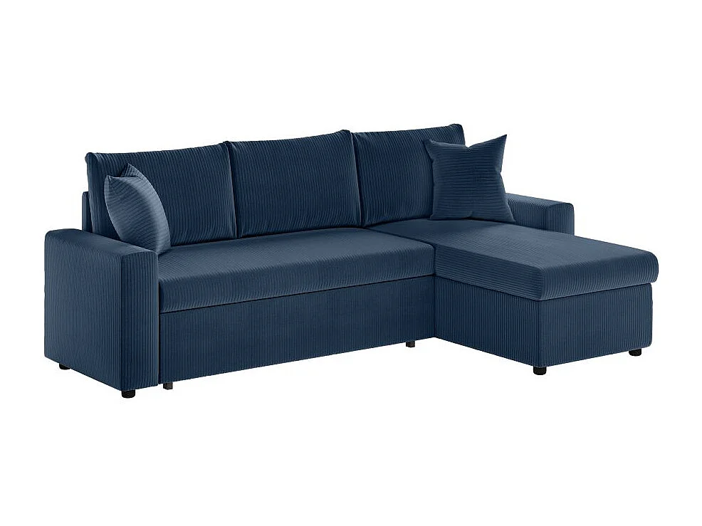 Canapé d'angle 3 places Maria réversible, convertible avec coffre en velours côtelé - Bleu foncé - L227 x P146 x H81cm - Loungitude