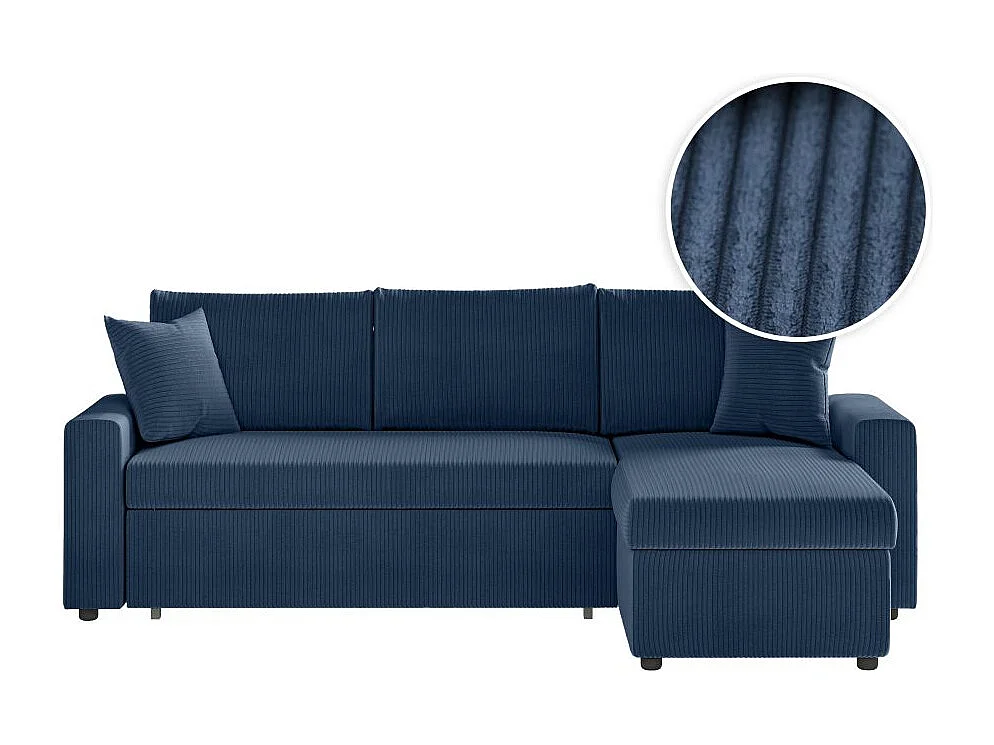 Canapé d'angle 3 places Maria réversible, convertible avec coffre en velours côtelé - Bleu foncé - L227 x P146 x H81cm - Loungitude