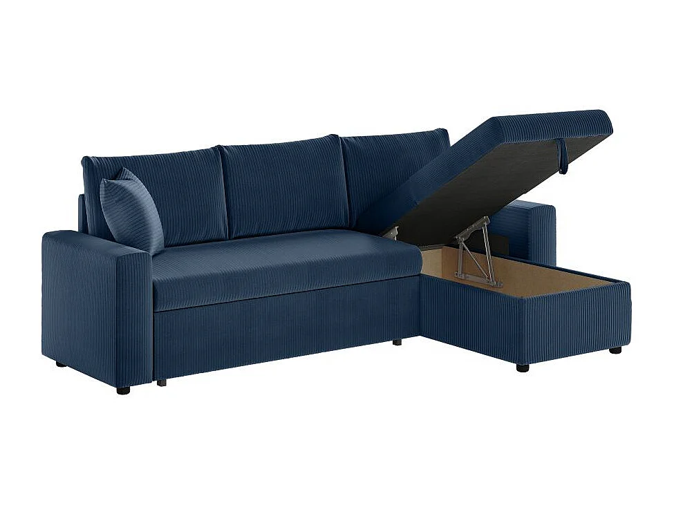 Canapé d'angle 3 places Maria réversible, convertible avec coffre en velours côtelé - Bleu foncé - L227 x P146 x H81cm - Loungitude