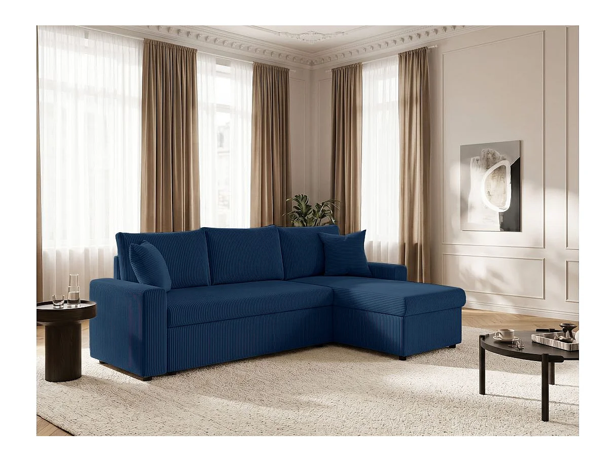Canapé d'angle 3 places Maria réversible, convertible avec coffre en velours côtelé - Bleu foncé - L227 x P146 x H81cm - Loungitude