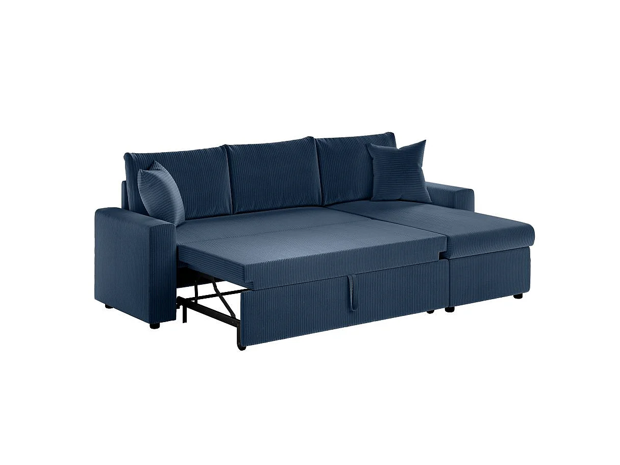 Canapé d'angle 3 places Maria réversible, convertible avec coffre en velours côtelé - Bleu foncé - L227 x P146 x H81cm - Loungitude