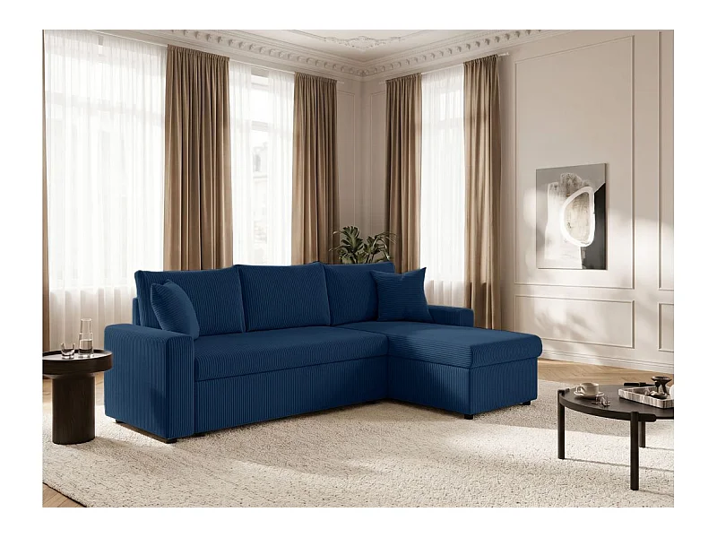Canapé d'angle 3 places Maria réversible, convertible avec coffre en velours côtelé - Bleu foncé - L227 x P146 x H81cm - Loungitude