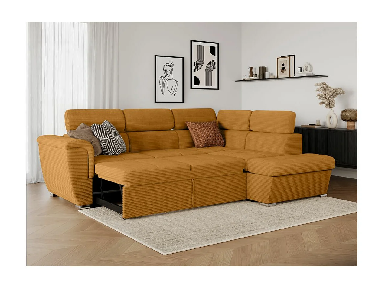 Canapé d'angle droit 4 places Paola convertible avec coffre en velours côtelé - Jaune - L252 x P188 x H76cm - Loungitude