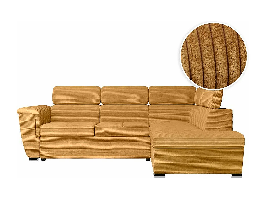 Canapé d'angle droit 4 places Paola convertible avec coffre en velours côtelé - Jaune - L252 x P188 x H76cm - Loungitude