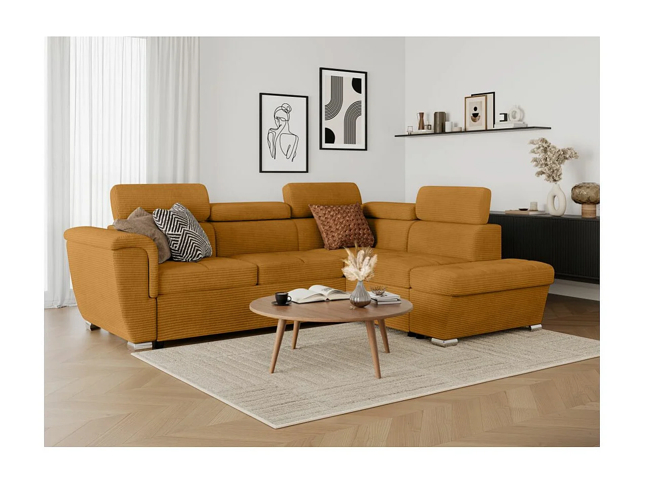 Canapé d'angle droit 4 places Paola convertible avec coffre en velours côtelé - Jaune - L252 x P188 x H76cm - Loungitude