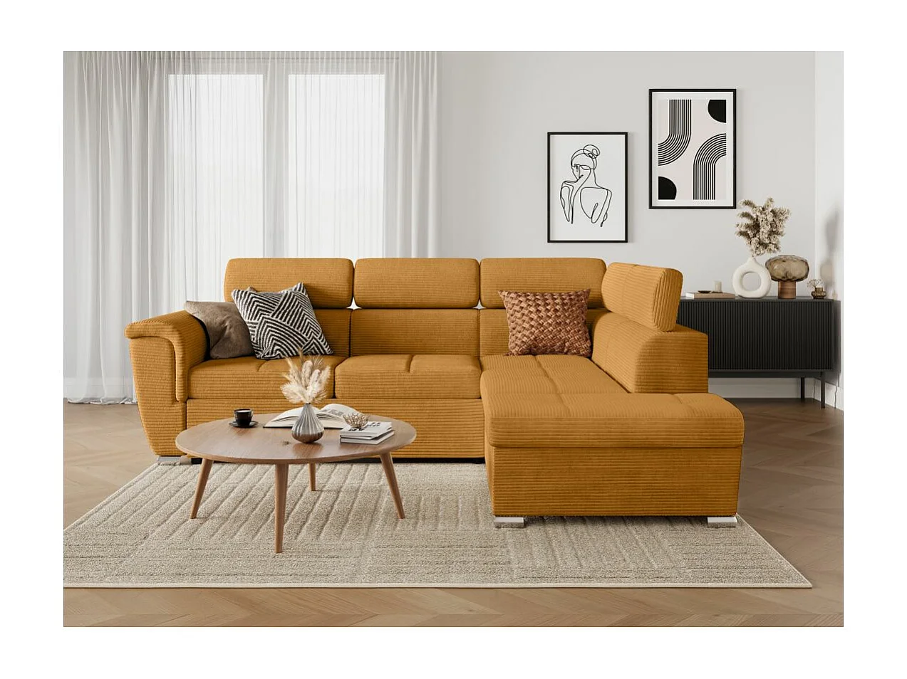 Canapé d'angle droit 4 places Paola convertible avec coffre en velours côtelé - Jaune - L252 x P188 x H76cm - Loungitude