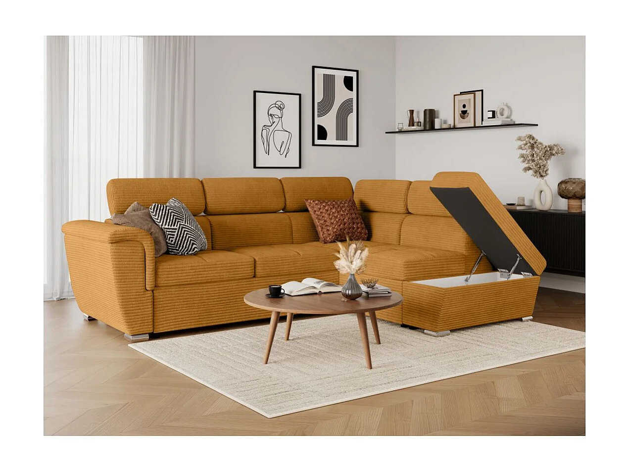 Canapé d'angle droit 4 places Paola convertible avec coffre en velours côtelé - Jaune - L252 x P188 x H76cm - Loungitude