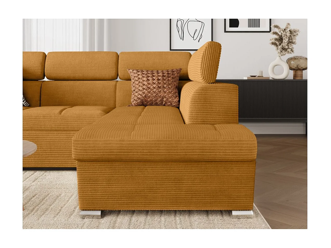 Canapé d'angle droit 4 places Paola convertible avec coffre en velours côtelé - Jaune - L252 x P188 x H76cm - Loungitude