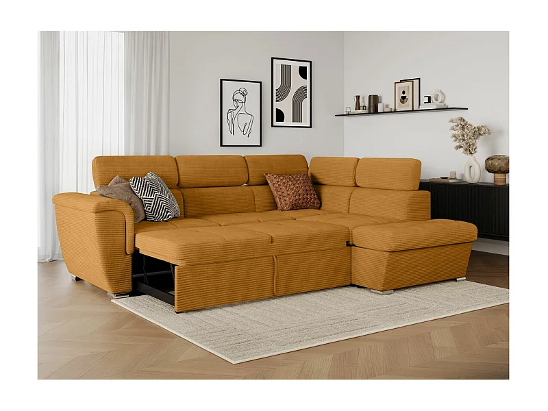 Canapé d'angle droit 4 places Paola convertible avec coffre en velours côtelé - Jaune - L252 x P188 x H76cm - Loungitude