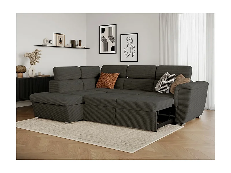 Canapé d'angle gauche 4 places Paola convertible avec coffre en velours côtelé - Gris - L252 x P188 x H76cm - Loungitude