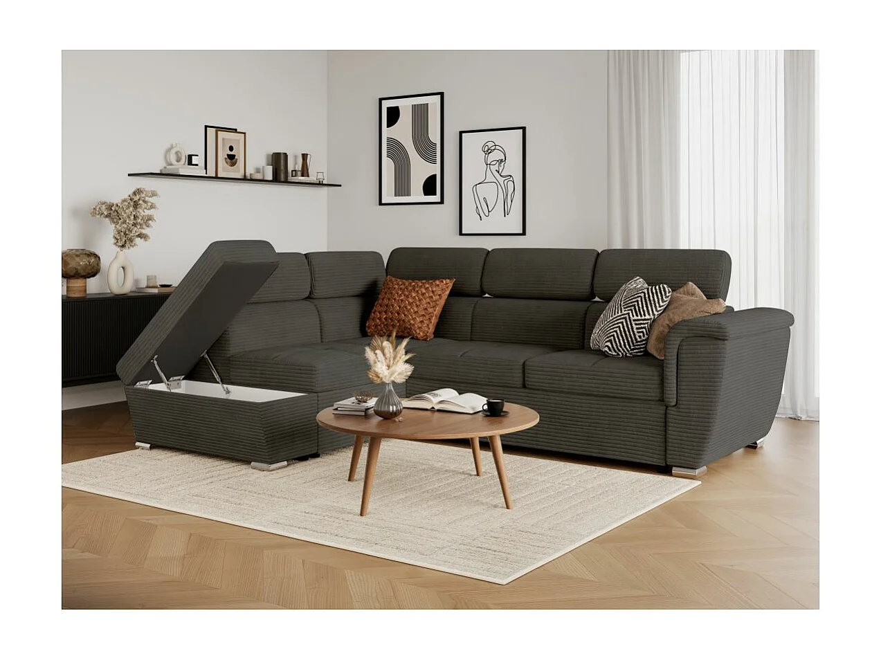 Canapé d'angle gauche 4 places Paola convertible avec coffre en velours côtelé - Gris - L252 x P188 x H76cm - Loungitude