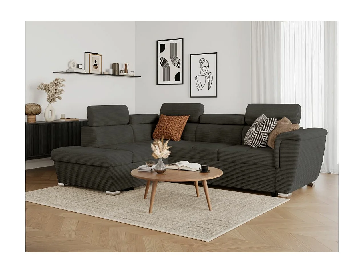 Canapé d'angle gauche 4 places Paola convertible avec coffre en velours côtelé - Gris - L252 x P188 x H76cm - Loungitude