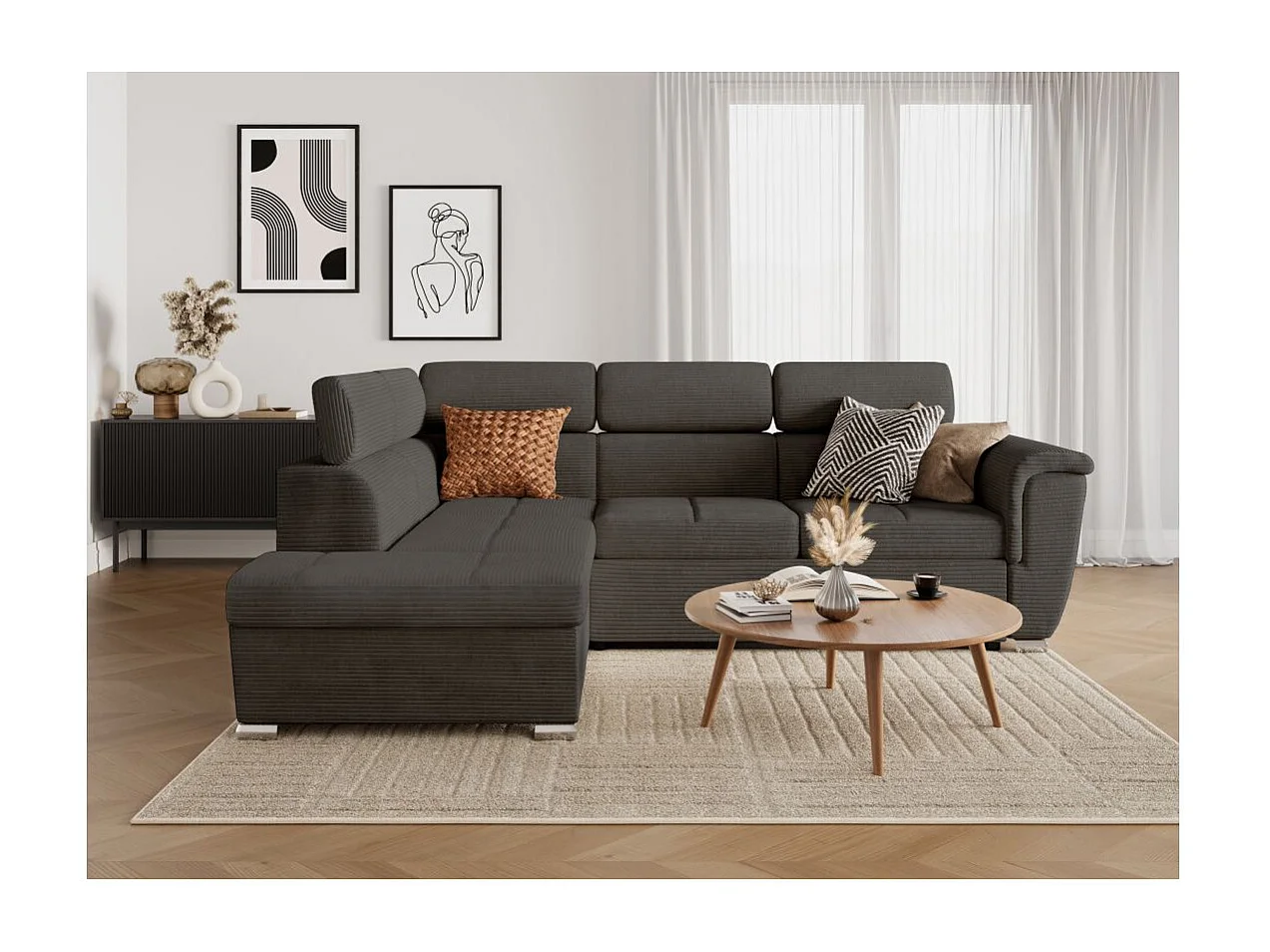 Canapé d'angle gauche 4 places Paola convertible avec coffre en velours côtelé - Gris - L252 x P188 x H76cm - Loungitude