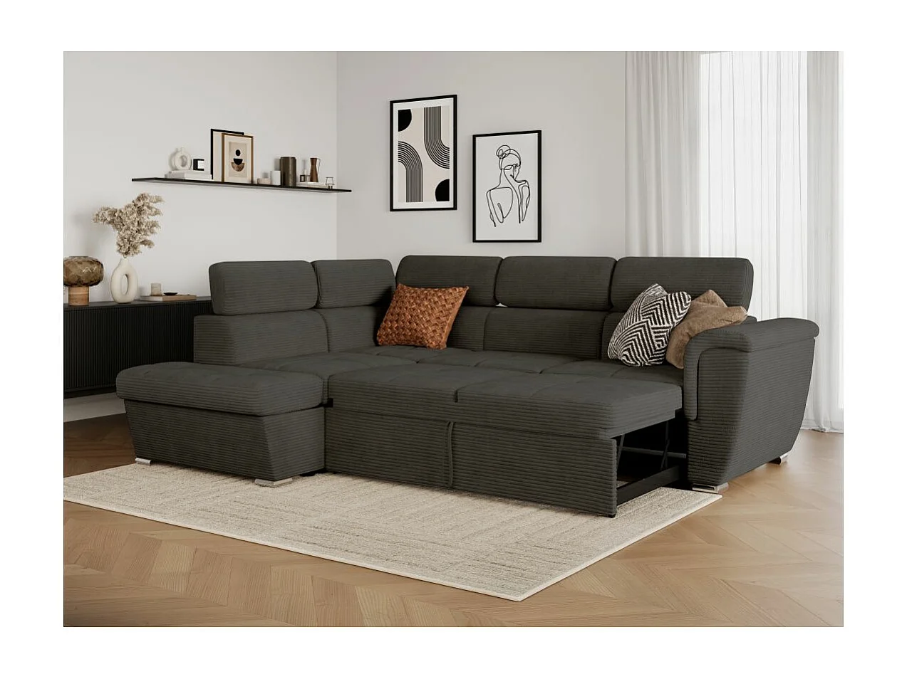 Canapé d'angle gauche 4 places Paola convertible avec coffre en velours côtelé - Gris - L252 x P188 x H76cm - Loungitude