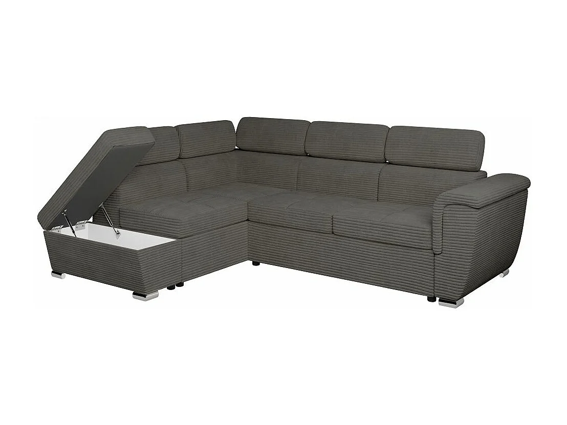 Canapé d'angle gauche 4 places Paola convertible avec coffre en velours côtelé - Gris - L252 x P188 x H76cm - Loungitude