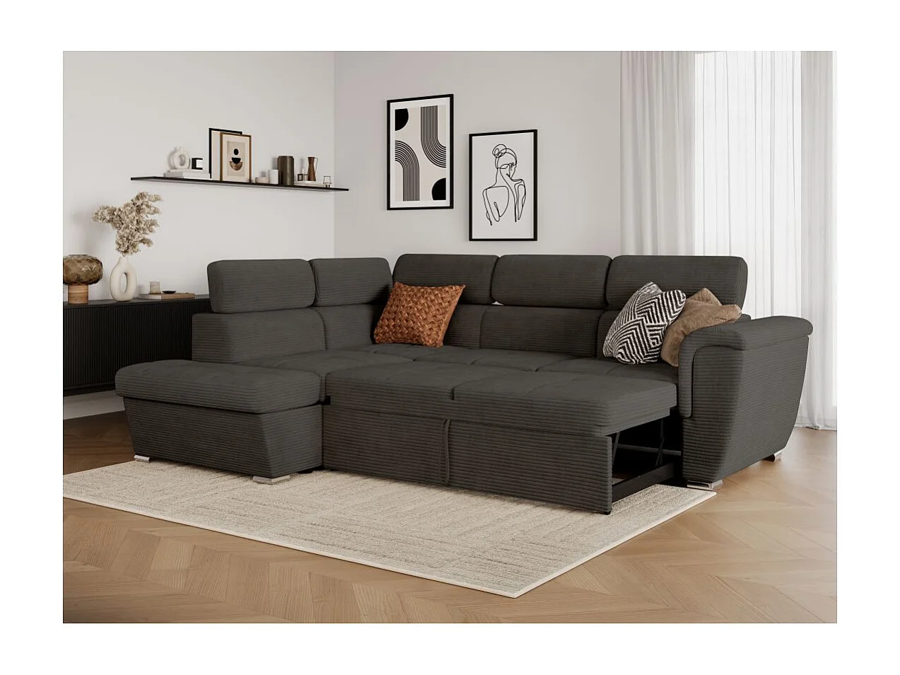 Canapé d'angle gauche 4 places Paola convertible avec coffre en velours côtelé - Gris - L252 x P188 x H76cm - Loungitude