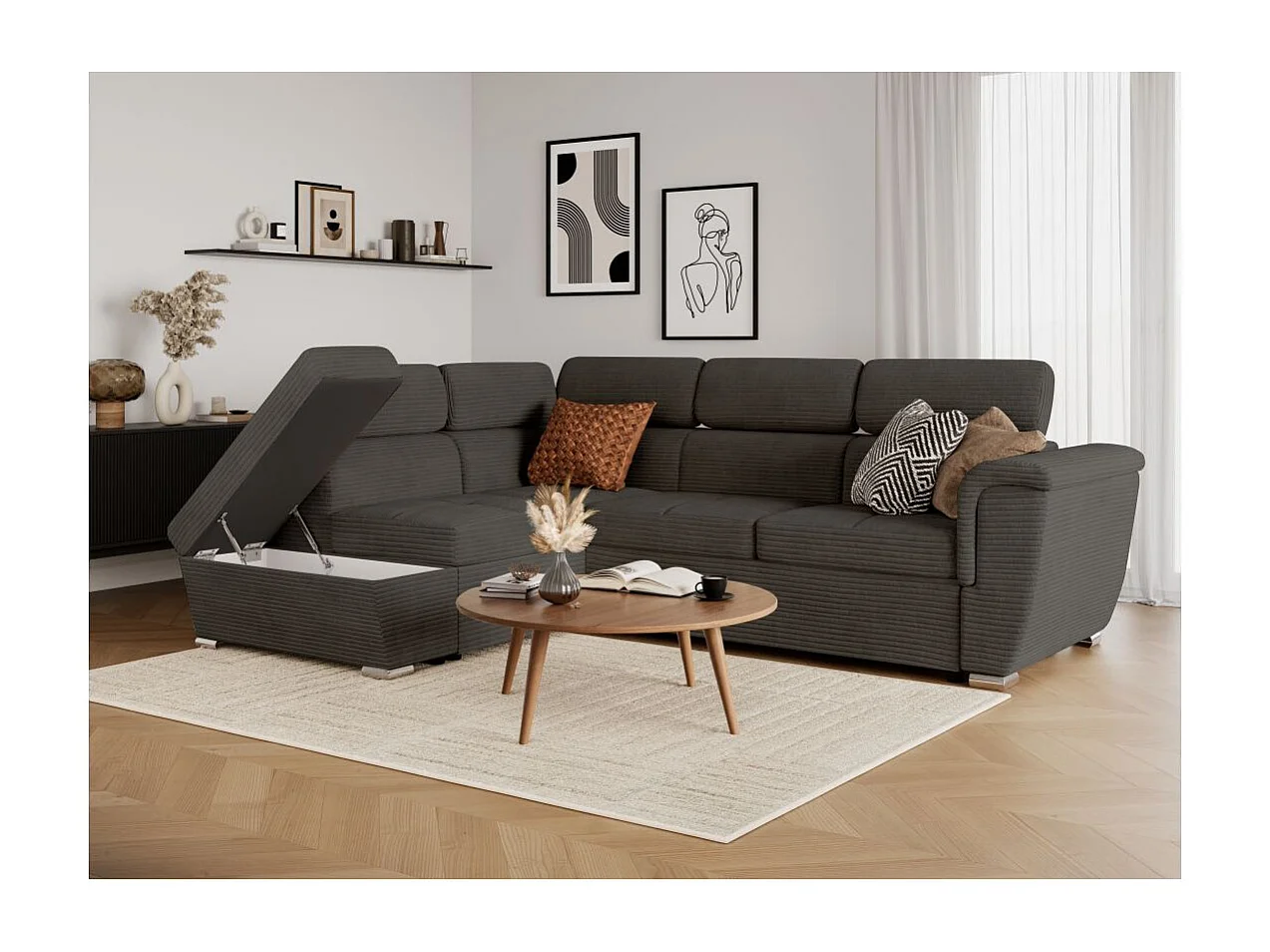Canapé d'angle gauche 4 places Paola convertible avec coffre en velours côtelé - Gris - L252 x P188 x H76cm - Loungitude