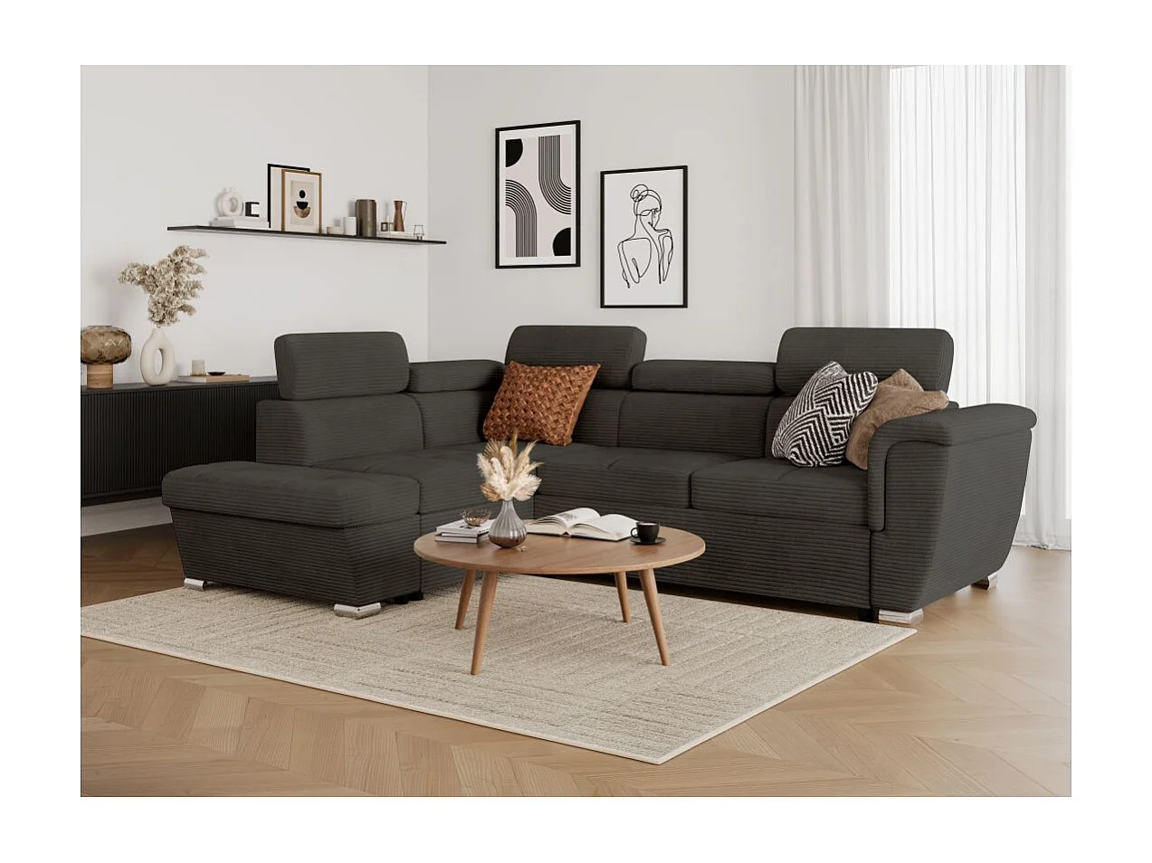 Canapé d'angle gauche 4 places Paola convertible avec coffre en velours côtelé - Gris - L252 x P188 x H76cm - Loungitude