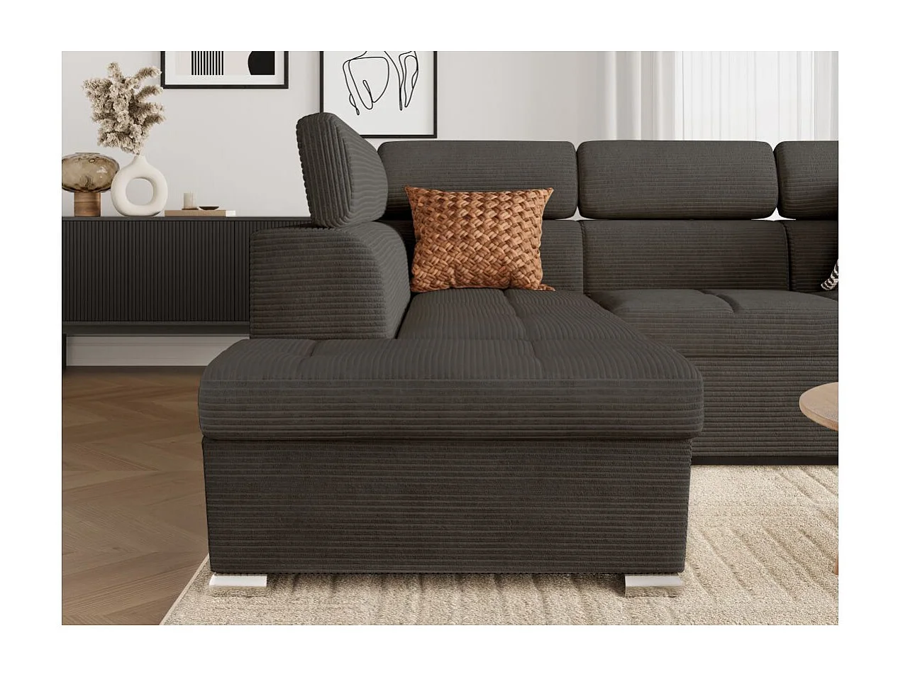 Canapé d'angle gauche 4 places Paola convertible avec coffre en velours côtelé - Gris - L252 x P188 x H76cm - Loungitude