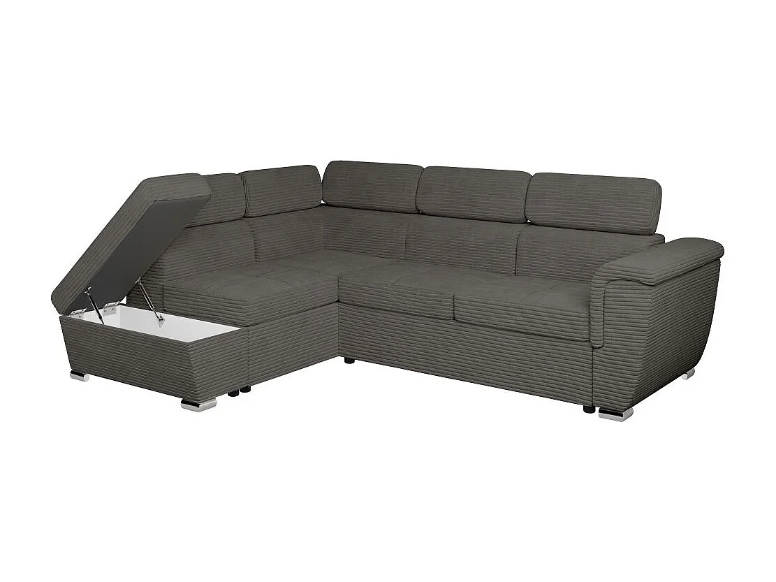 Canapé d'angle gauche 4 places Paola convertible avec coffre en velours côtelé - Gris - L252 x P188 x H76cm - Loungitude