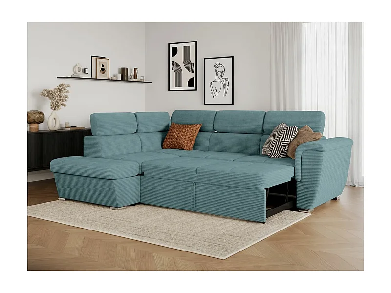 Canapé d'angle gauche 4 places Paola convertible avec coffre en velours côtelé - Bleu clair - L252 x P188 x H76cm - Loungitude