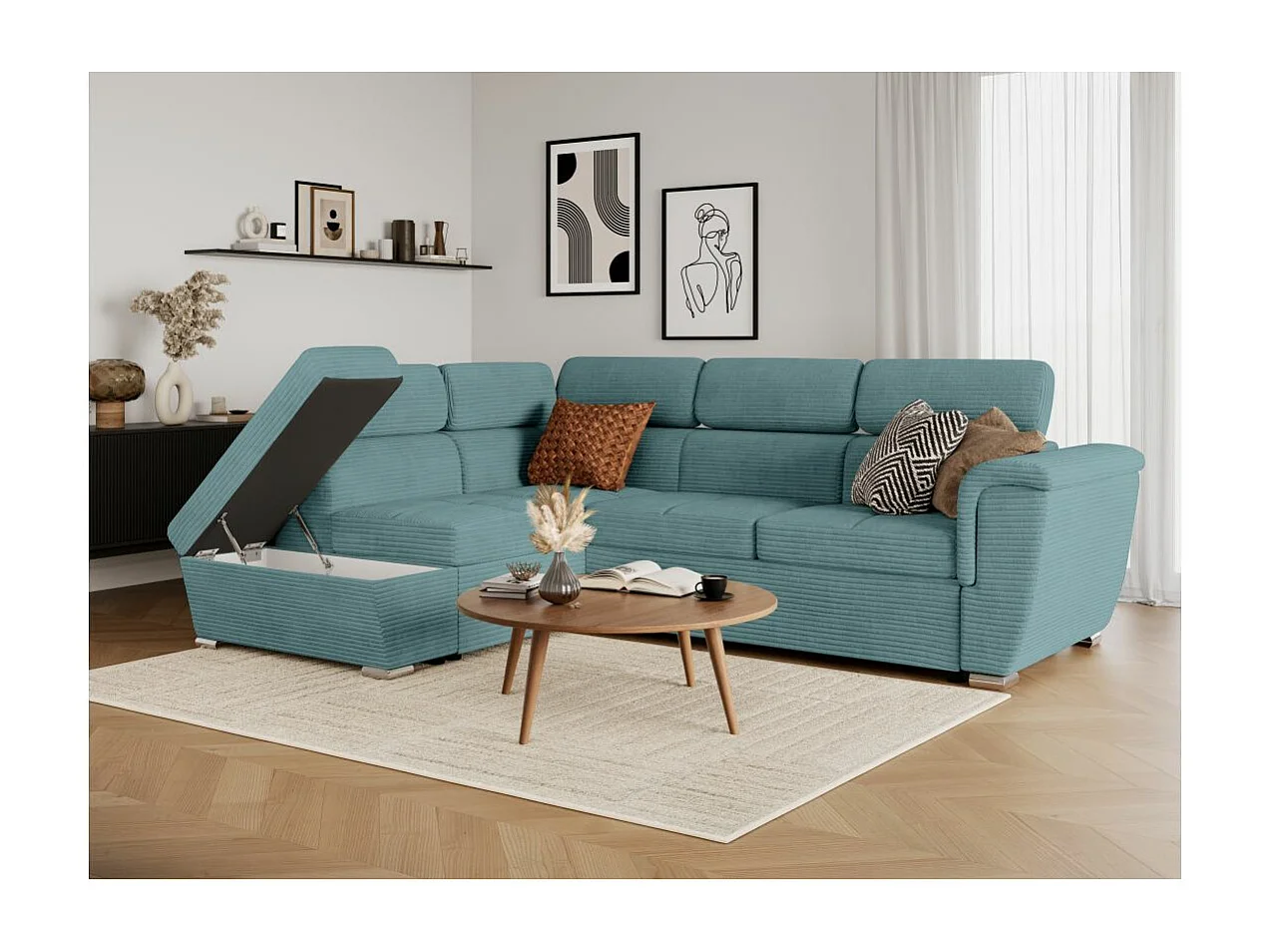 Canapé d'angle gauche 4 places Paola convertible avec coffre en velours côtelé - Bleu clair - L252 x P188 x H76cm - Loungitude