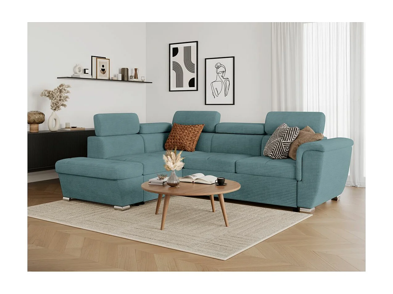 Canapé d'angle gauche 4 places Paola convertible avec coffre en velours côtelé - Bleu clair - L252 x P188 x H76cm - Loungitude