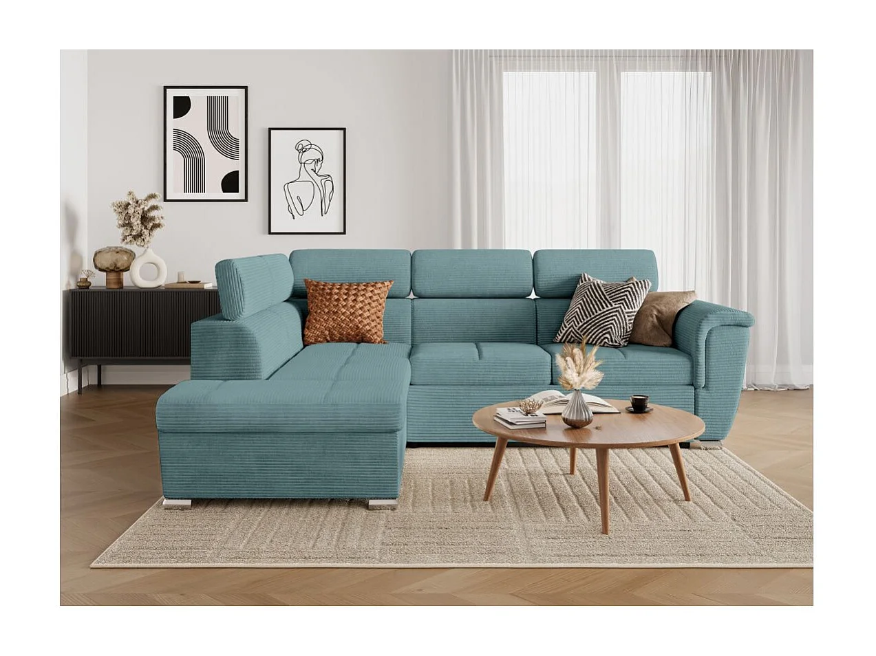 Canapé d'angle gauche 4 places Paola convertible avec coffre en velours côtelé - Bleu clair - L252 x P188 x H76cm - Loungitude