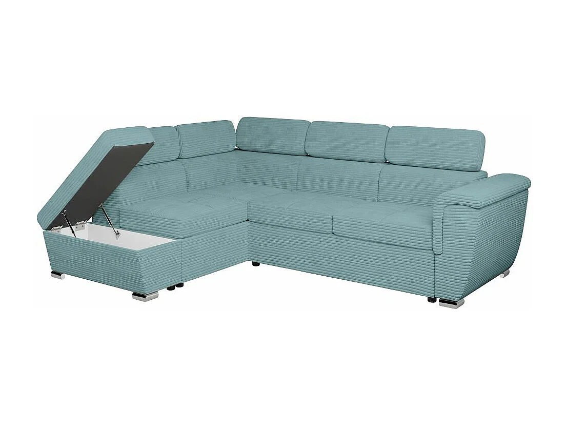 Canapé d'angle gauche 4 places Paola convertible avec coffre en velours côtelé - Bleu clair - L252 x P188 x H76cm - Loungitude
