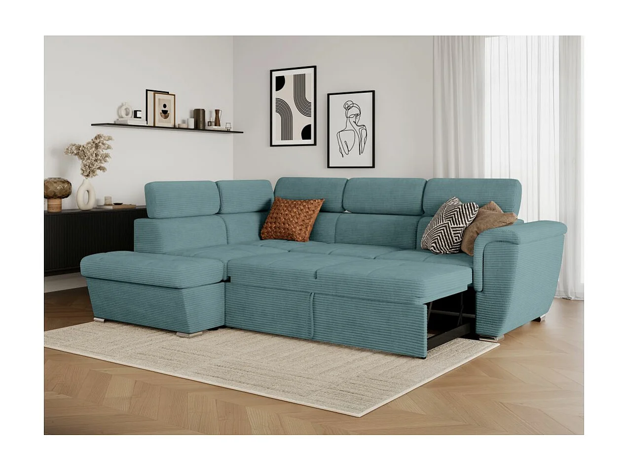 Canapé d'angle gauche 4 places Paola convertible avec coffre en velours côtelé - Bleu clair - L252 x P188 x H76cm - Loungitude