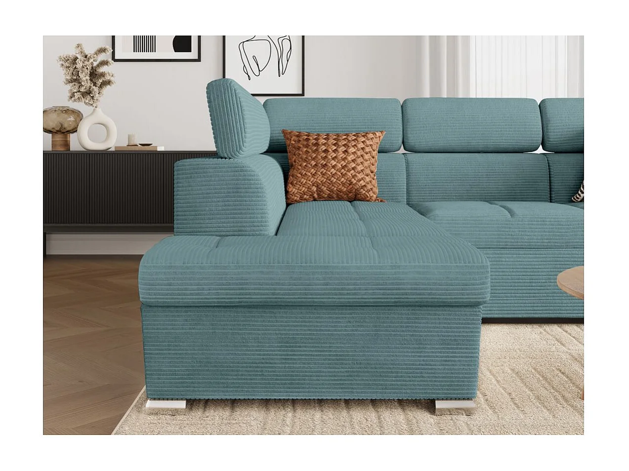Canapé d'angle gauche 4 places Paola convertible avec coffre en velours côtelé - Bleu clair - L252 x P188 x H76cm - Loungitude