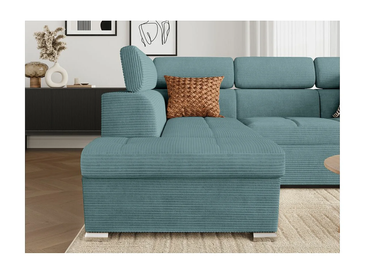 Canapé d'angle gauche 4 places Paola convertible avec coffre en velours côtelé - Bleu clair - L252 x P188 x H76cm - Loungitude