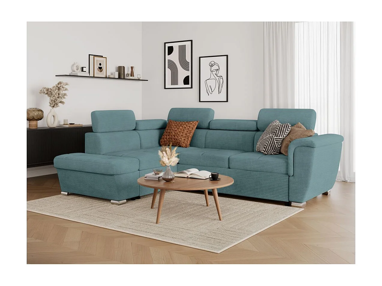 Canapé d'angle gauche 4 places Paola convertible avec coffre en velours côtelé - Bleu clair - L252 x P188 x H76cm - Loungitude