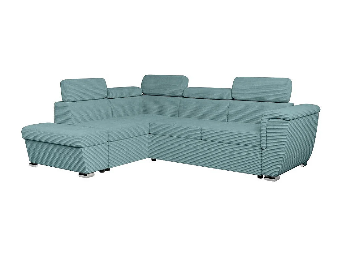 Canapé d'angle gauche 4 places Paola convertible avec coffre en velours côtelé - Bleu clair - L252 x P188 x H76cm - Loungitude