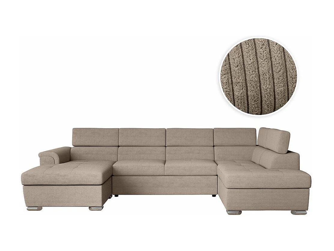 Canapé panoramique 6 places Paola convertible avec 2 coffres en velours côtelé - Taupe - L320,5 x P188 x H76cm - Loungitude