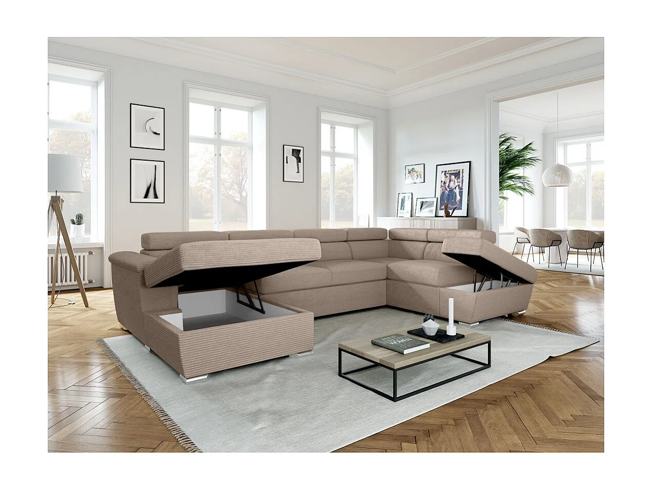 Canapé panoramique 6 places Paola convertible avec 2 coffres en velours côtelé - Taupe - L320,5 x P188 x H76cm - Loungitude