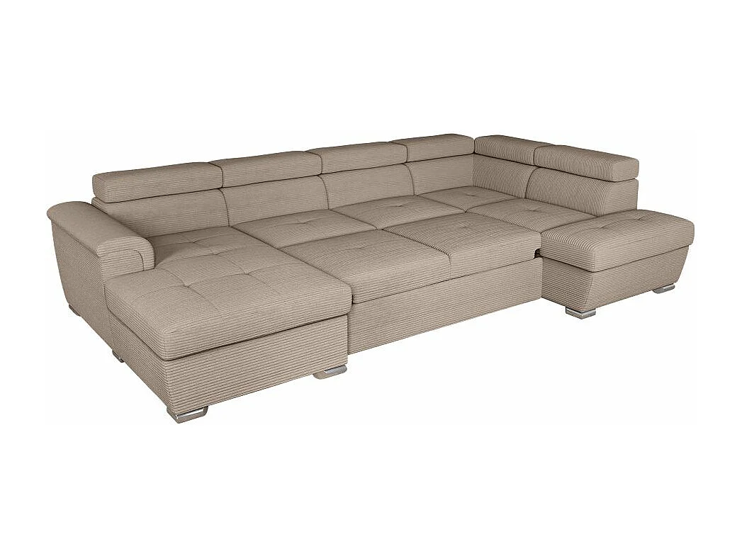 Canapé panoramique 6 places Paola convertible avec 2 coffres en velours côtelé - Taupe - L320,5 x P188 x H76cm - Loungitude