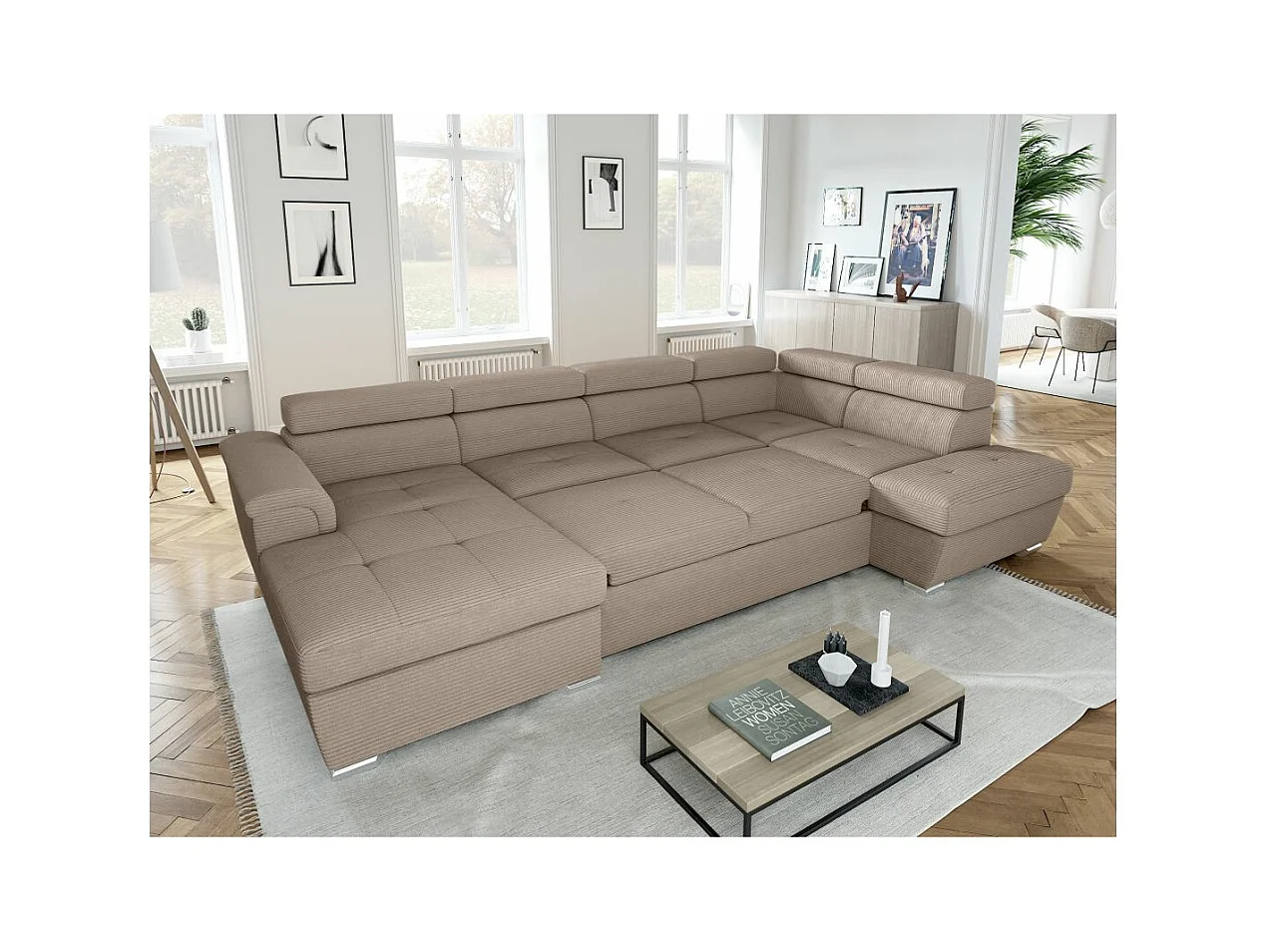 Canapé panoramique 6 places Paola convertible avec 2 coffres en velours côtelé - Taupe - L320,5 x P188 x H76cm - Loungitude