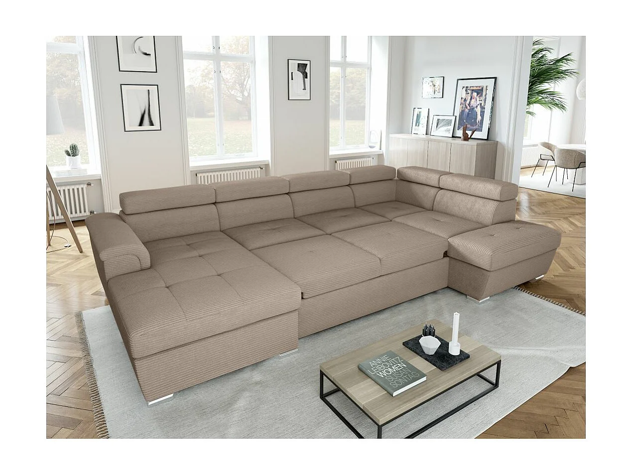 Canapé panoramique 6 places Paola convertible avec 2 coffres en velours côtelé - Taupe - L320,5 x P188 x H76cm - Loungitude