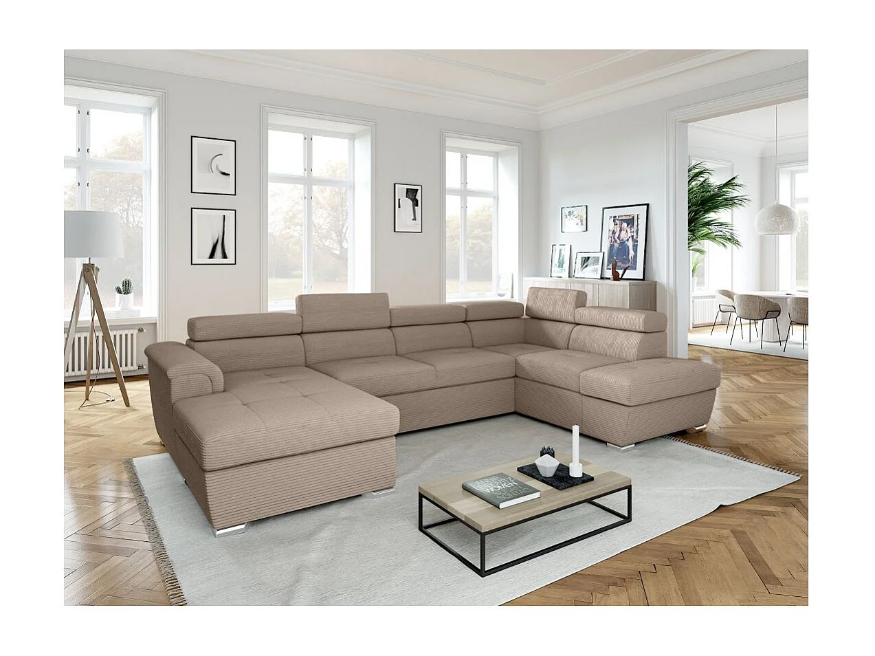 Canapé panoramique 6 places Paola convertible avec 2 coffres en velours côtelé - Taupe - L320,5 x P188 x H76cm - Loungitude
