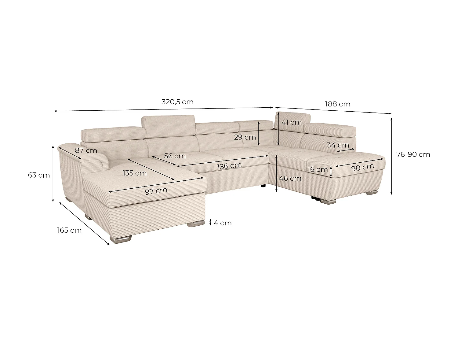 Canapé panoramique 6 places Paola convertible avec 2 coffres en velours côtelé - Taupe - L320,5 x P188 x H76cm - Loungitude