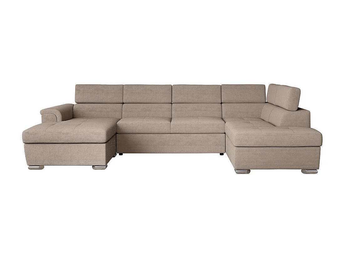 Canapé panoramique 6 places Paola convertible avec 2 coffres en velours côtelé - Taupe - L320,5 x P188 x H76cm - Loungitude