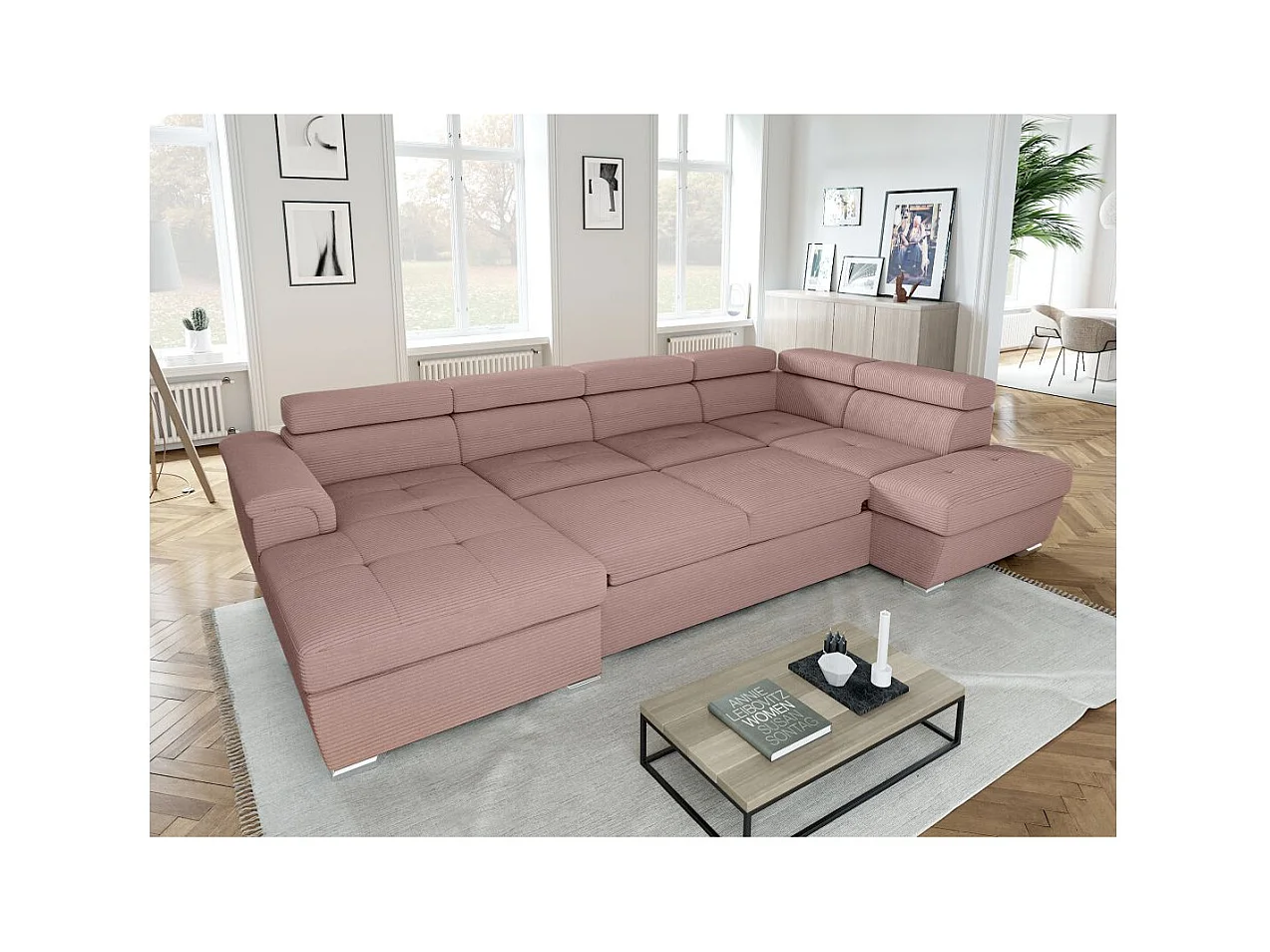 Canapé panoramique 6 places Paola convertible avec 2 coffres en velours côtelé - Rose - L320,5 x P188 x H76cm - Loungitude
