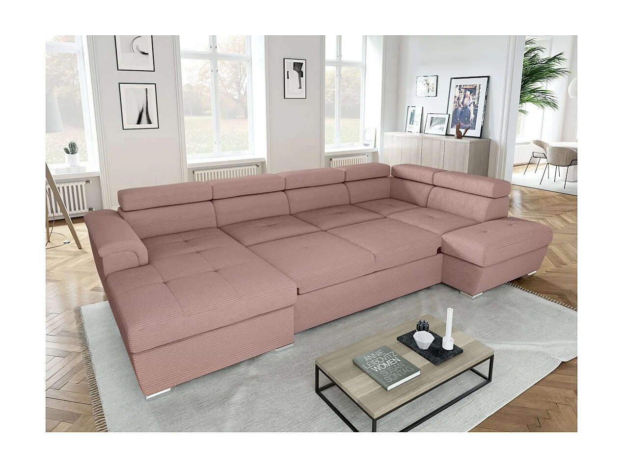 Canapé panoramique 6 places Paola convertible avec 2 coffres en velours côtelé - Rose - L320,5 x P188 x H76cm - Loungitude
