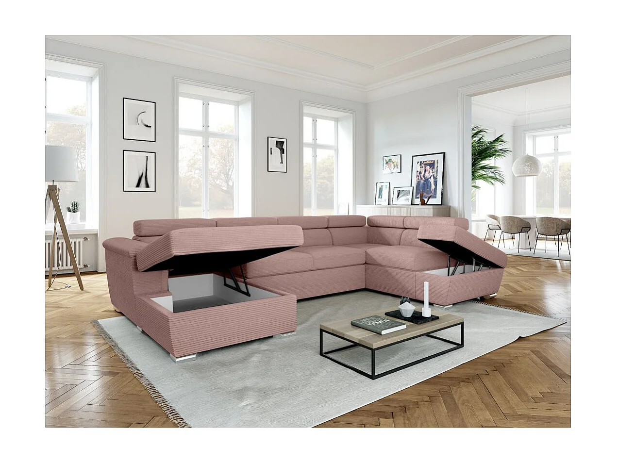 Canapé panoramique 6 places Paola convertible avec 2 coffres en velours côtelé - Rose - L320,5 x P188 x H76cm - Loungitude