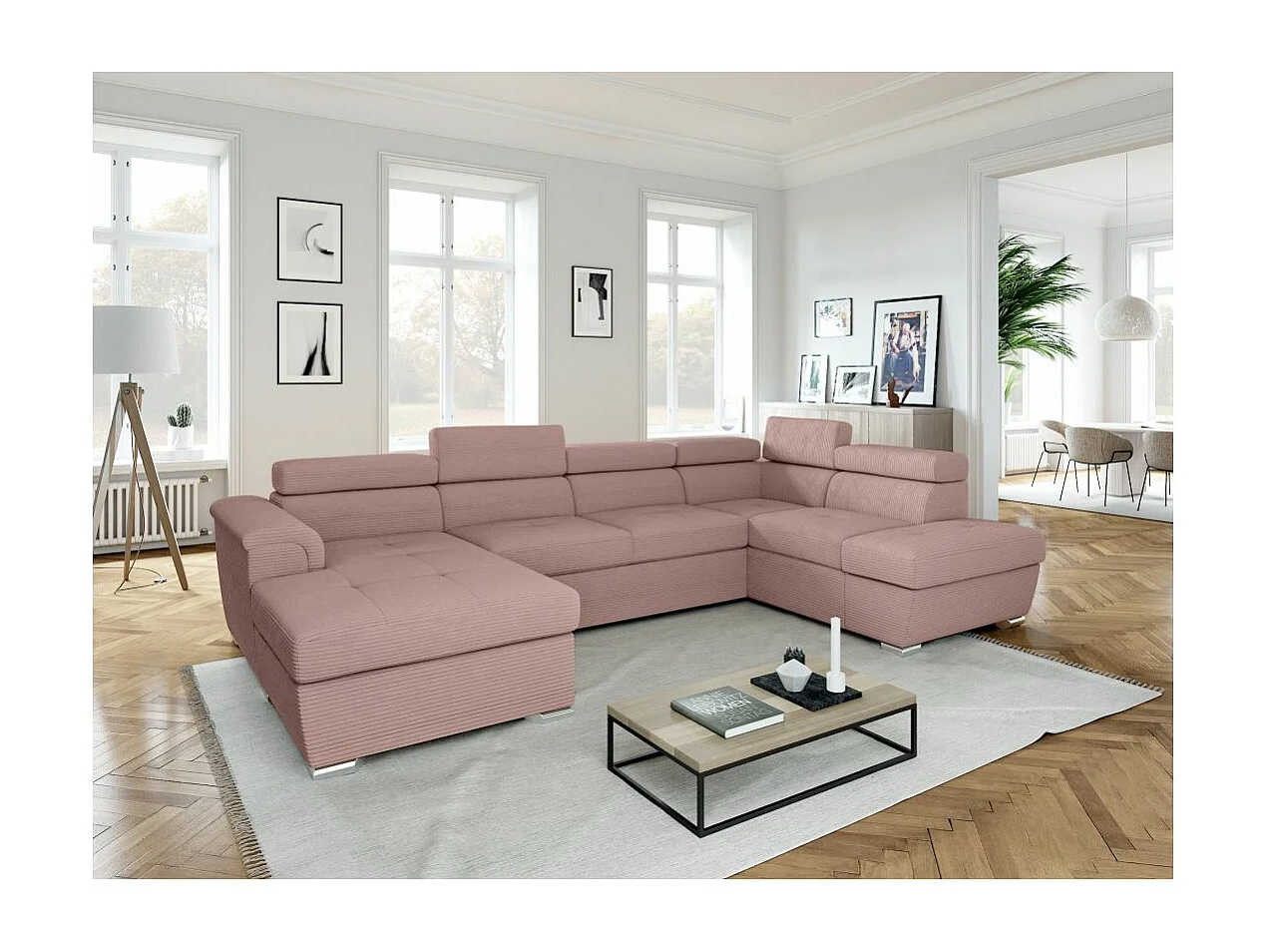 Canapé panoramique 6 places Paola convertible avec 2 coffres en velours côtelé - Rose - L320,5 x P188 x H76cm - Loungitude