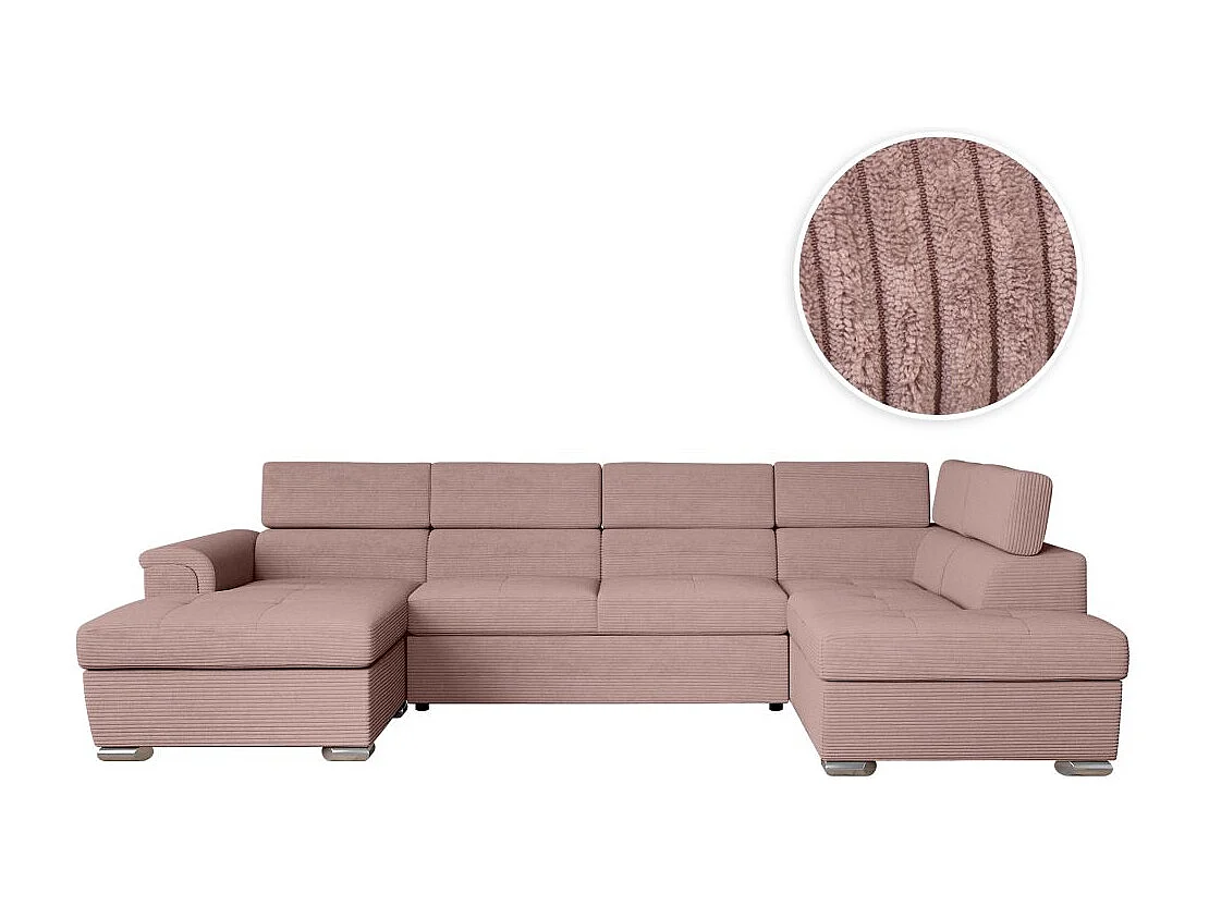 Canapé panoramique 6 places Paola convertible avec 2 coffres en velours côtelé - Rose - L320,5 x P188 x H76cm - Loungitude